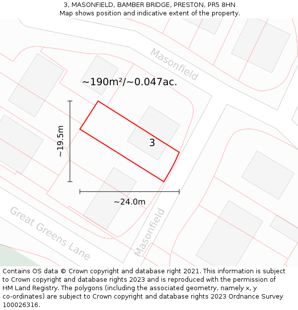 3, MASONFIELD, BAMBER BRIDGE, PRESTON, PR5 8HN: Plot and title map