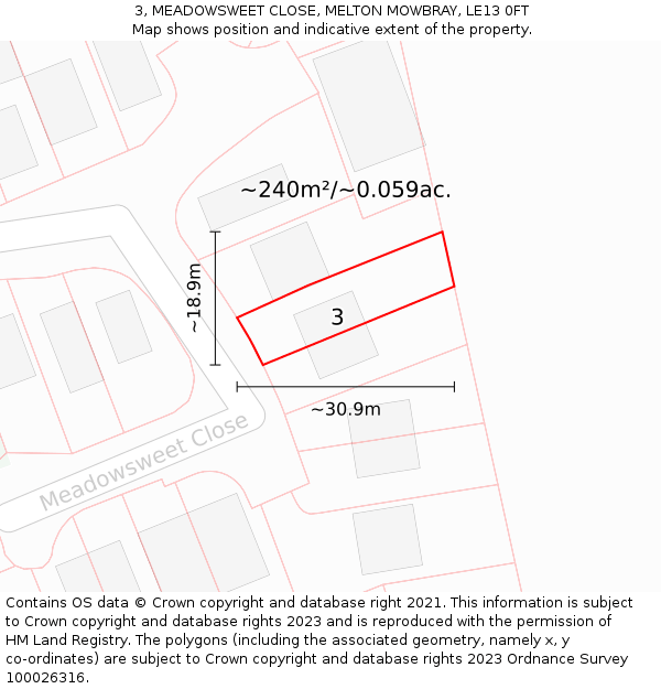 3, MEADOWSWEET CLOSE, MELTON MOWBRAY, LE13 0FT: Plot and title map