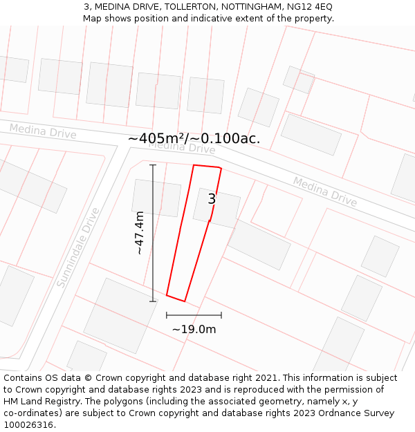 3, MEDINA DRIVE, TOLLERTON, NOTTINGHAM, NG12 4EQ: Plot and title map