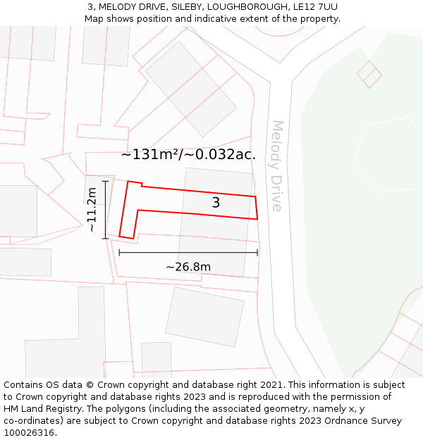 3, MELODY DRIVE, SILEBY, LOUGHBOROUGH, LE12 7UU: Plot and title map