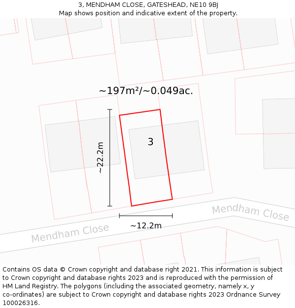 3, MENDHAM CLOSE, GATESHEAD, NE10 9BJ: Plot and title map
