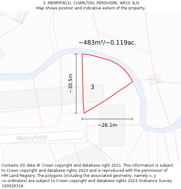 3, MERRYFIELD, CHARLTON, PERSHORE, WR10 3LN: Plot and title map