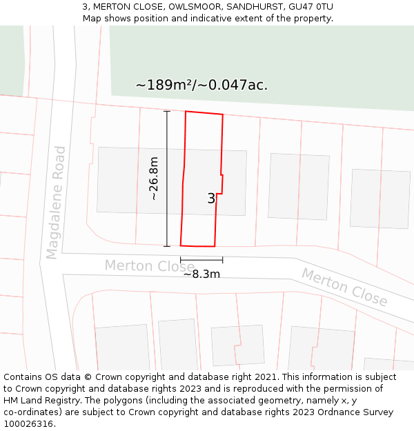 3, MERTON CLOSE, OWLSMOOR, SANDHURST, GU47 0TU: Plot and title map