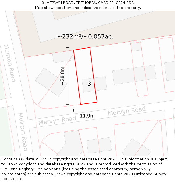 3, MERVYN ROAD, TREMORFA, CARDIFF, CF24 2SR: Plot and title map