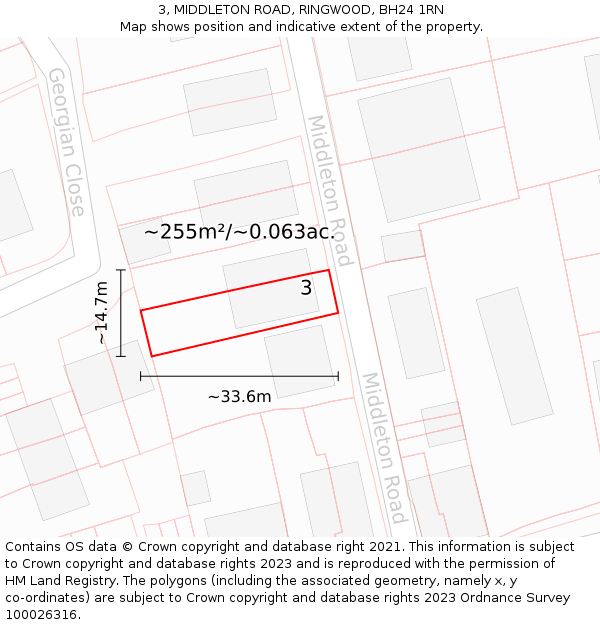 3, MIDDLETON ROAD, RINGWOOD, BH24 1RN: Plot and title map