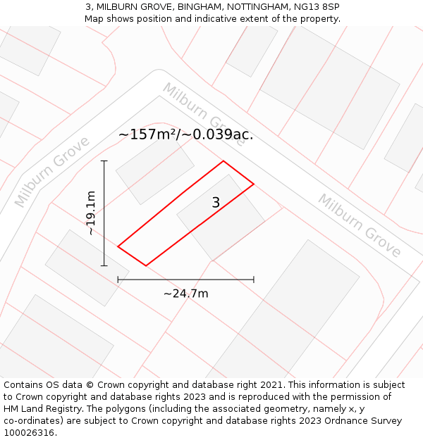 3, MILBURN GROVE, BINGHAM, NOTTINGHAM, NG13 8SP: Plot and title map