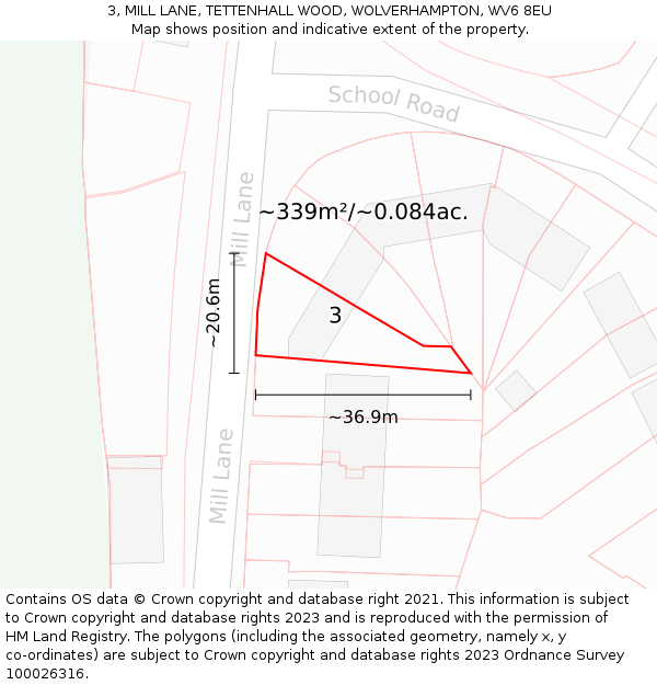 3, MILL LANE, TETTENHALL WOOD, WOLVERHAMPTON, WV6 8EU: Plot and title map