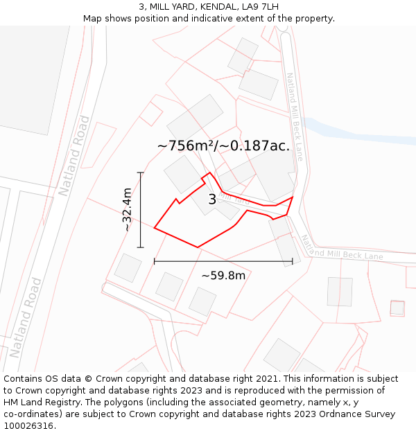 3, MILL YARD, KENDAL, LA9 7LH: Plot and title map