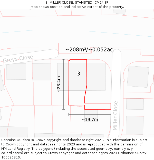 3, MILLER CLOSE, STANSTED, CM24 8FJ: Plot and title map