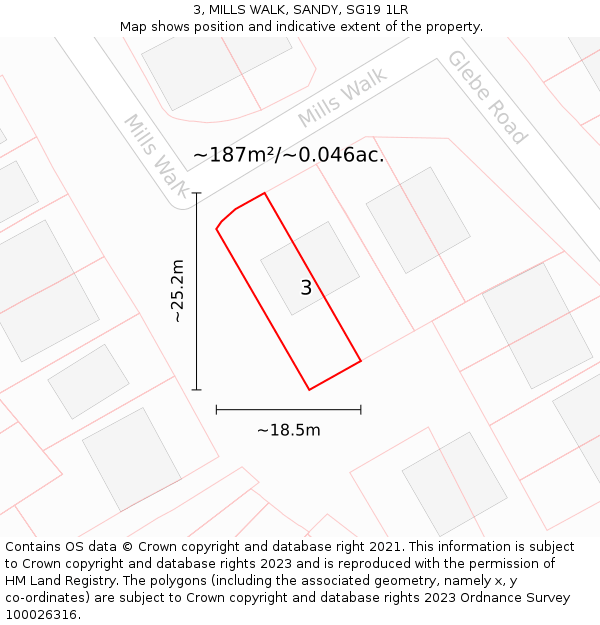 3, MILLS WALK, SANDY, SG19 1LR: Plot and title map