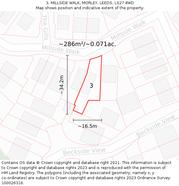 3, MILLSIDE WALK, MORLEY, LEEDS, LS27 8WD: Plot and title map