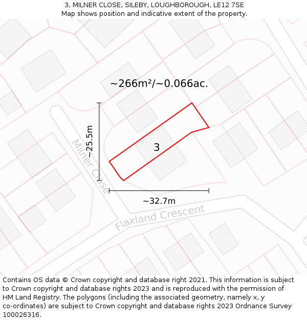 3, MILNER CLOSE, SILEBY, LOUGHBOROUGH, LE12 7SE: Plot and title map