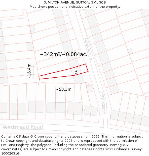 3, MILTON AVENUE, SUTTON, SM1 3QB: Plot and title map