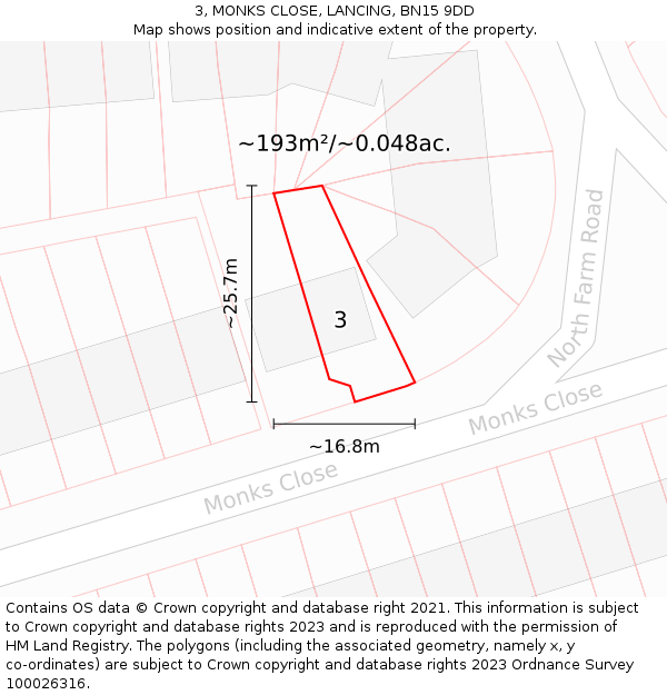 3, MONKS CLOSE, LANCING, BN15 9DD: Plot and title map