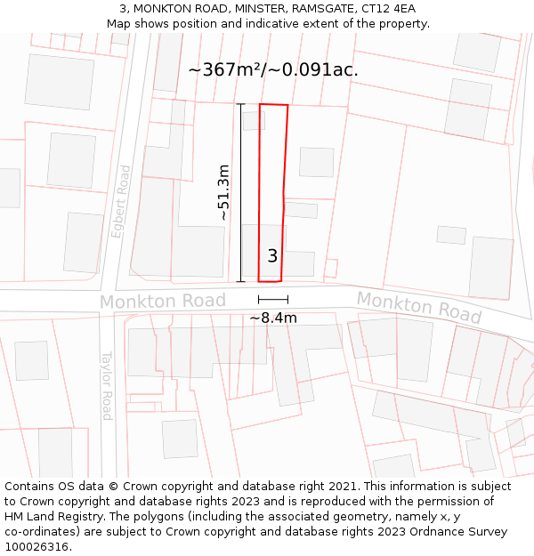 3, MONKTON ROAD, MINSTER, RAMSGATE, CT12 4EA: Plot and title map