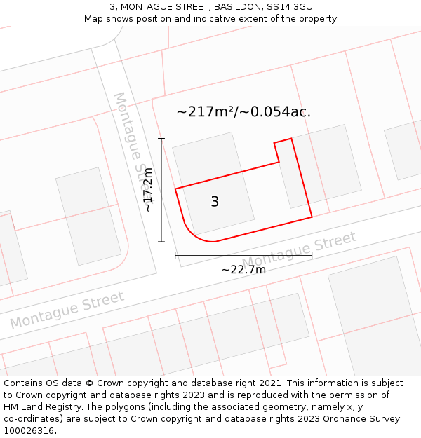 3, MONTAGUE STREET, BASILDON, SS14 3GU: Plot and title map