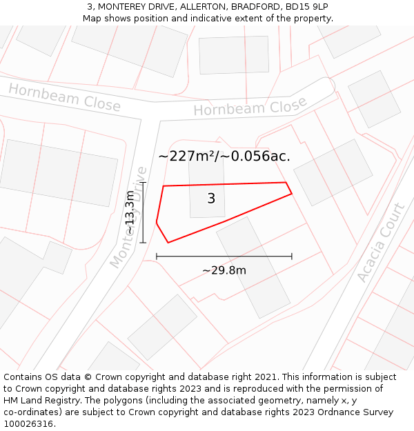 3, MONTEREY DRIVE, ALLERTON, BRADFORD, BD15 9LP: Plot and title map