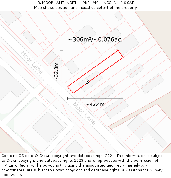 3, MOOR LANE, NORTH HYKEHAM, LINCOLN, LN6 9AE: Plot and title map