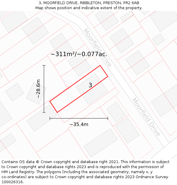 3, MOORFIELD DRIVE, RIBBLETON, PRESTON, PR2 6AB: Plot and title map