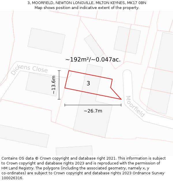 3, MOORFIELD, NEWTON LONGVILLE, MILTON KEYNES, MK17 0BN: Plot and title map