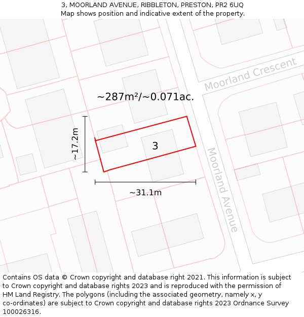 3, MOORLAND AVENUE, RIBBLETON, PRESTON, PR2 6UQ: Plot and title map