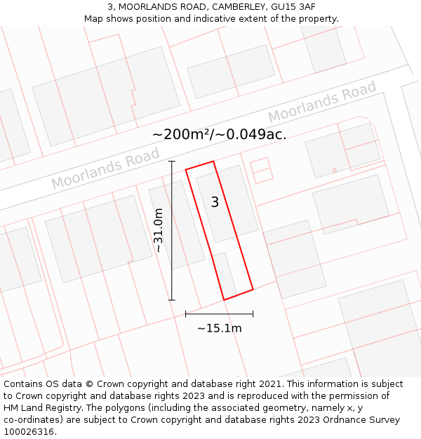 3, MOORLANDS ROAD, CAMBERLEY, GU15 3AF: Plot and title map