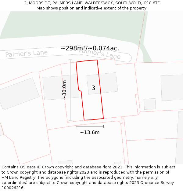 3, MOORSIDE, PALMERS LANE, WALBERSWICK, SOUTHWOLD, IP18 6TE: Plot and title map