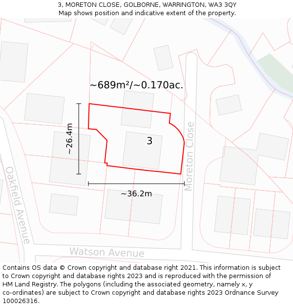 3, MORETON CLOSE, GOLBORNE, WARRINGTON, WA3 3QY: Plot and title map