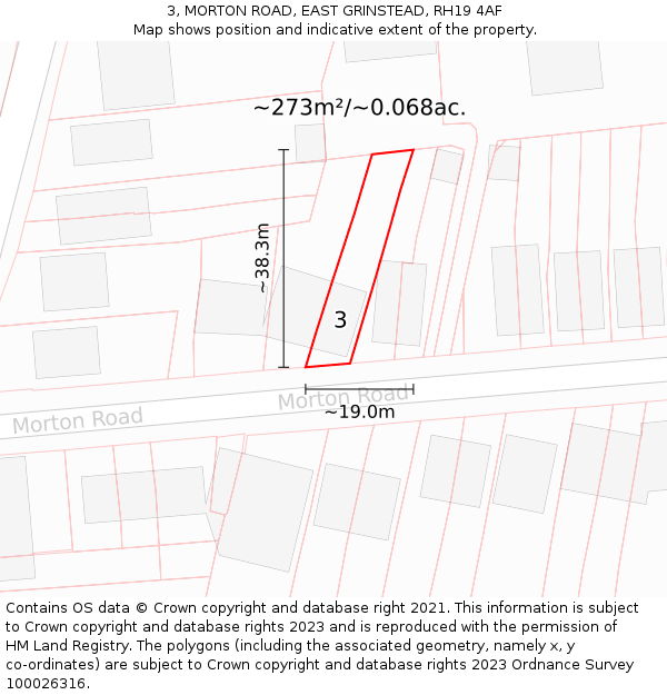 3, MORTON ROAD, EAST GRINSTEAD, RH19 4AF: Plot and title map