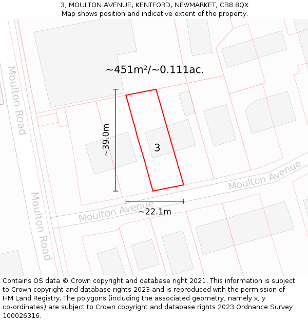 3, MOULTON AVENUE, KENTFORD, NEWMARKET, CB8 8QX: Plot and title map