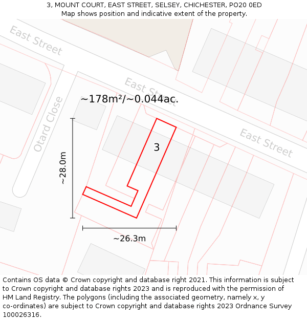 3, MOUNT COURT, EAST STREET, SELSEY, CHICHESTER, PO20 0ED: Plot and title map