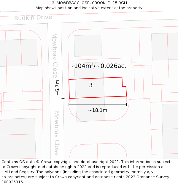 3, MOWBRAY CLOSE, CROOK, DL15 9GH: Plot and title map