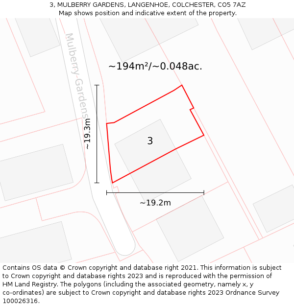 3, MULBERRY GARDENS, LANGENHOE, COLCHESTER, CO5 7AZ: Plot and title map