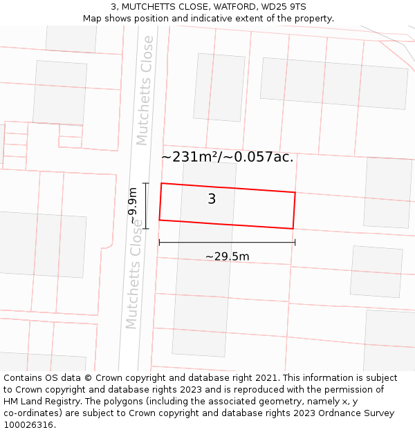 3, MUTCHETTS CLOSE, WATFORD, WD25 9TS: Plot and title map