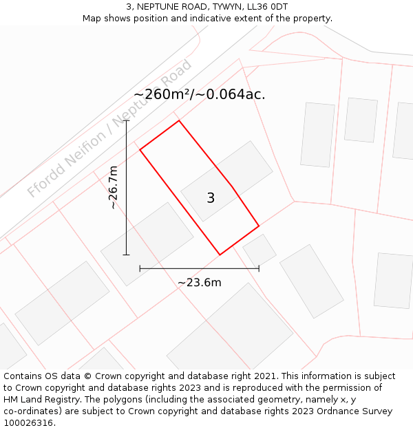 3, NEPTUNE ROAD, TYWYN, LL36 0DT: Plot and title map