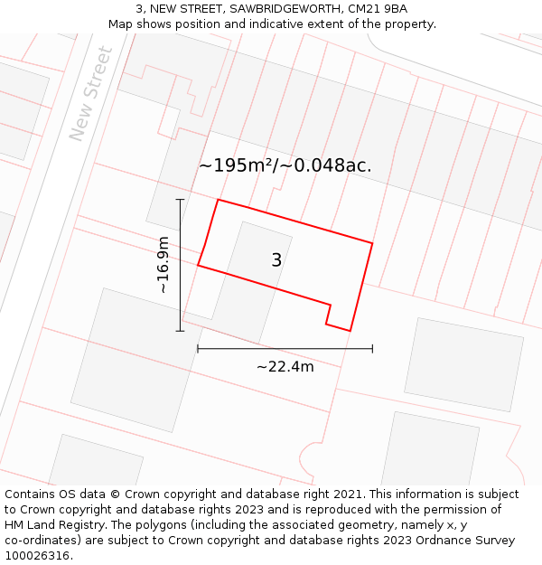 3, NEW STREET, SAWBRIDGEWORTH, CM21 9BA: Plot and title map