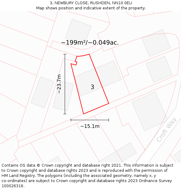 3, NEWBURY CLOSE, RUSHDEN, NN10 0EU: Plot and title map