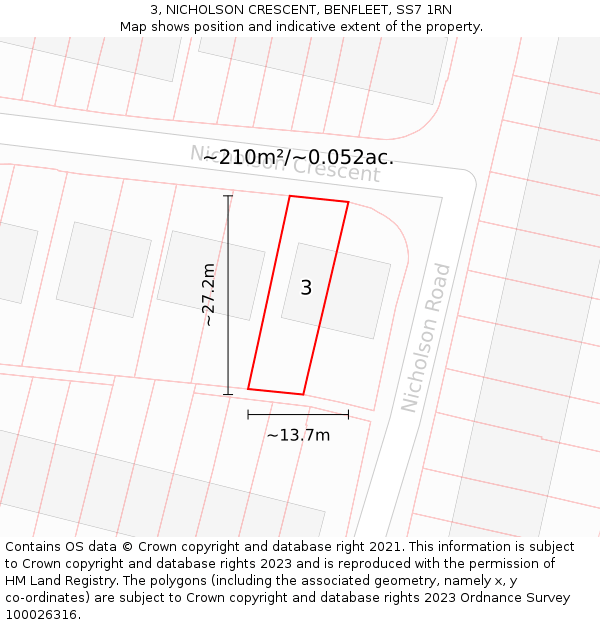 3, NICHOLSON CRESCENT, BENFLEET, SS7 1RN: Plot and title map