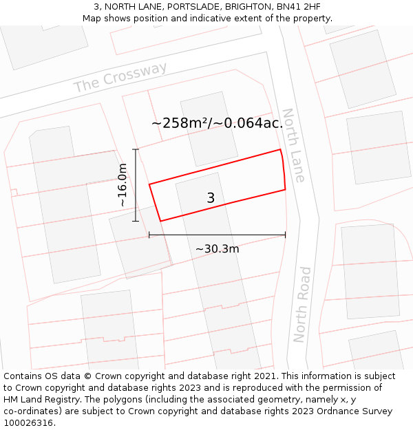 3, NORTH LANE, PORTSLADE, BRIGHTON, BN41 2HF: Plot and title map