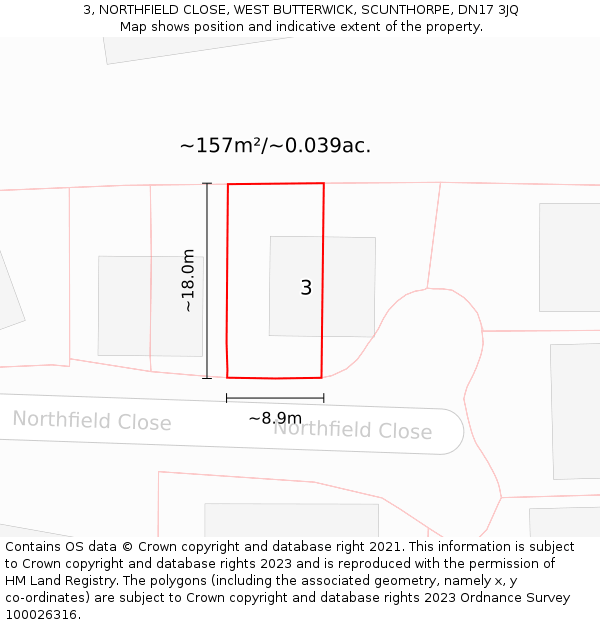 3, NORTHFIELD CLOSE, WEST BUTTERWICK, SCUNTHORPE, DN17 3JQ: Plot and title map