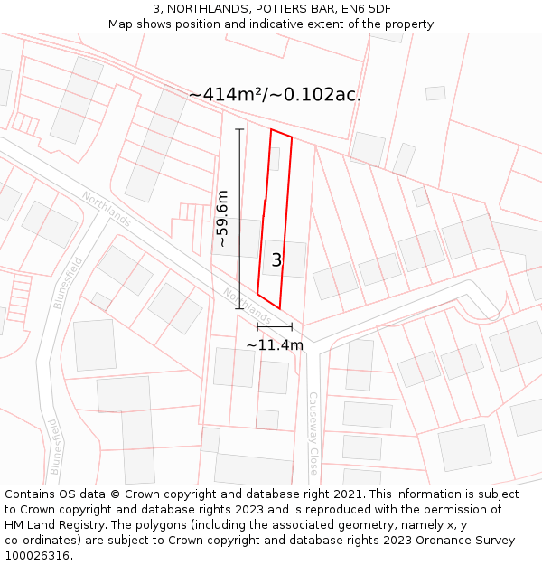 3, NORTHLANDS, POTTERS BAR, EN6 5DF: Plot and title map