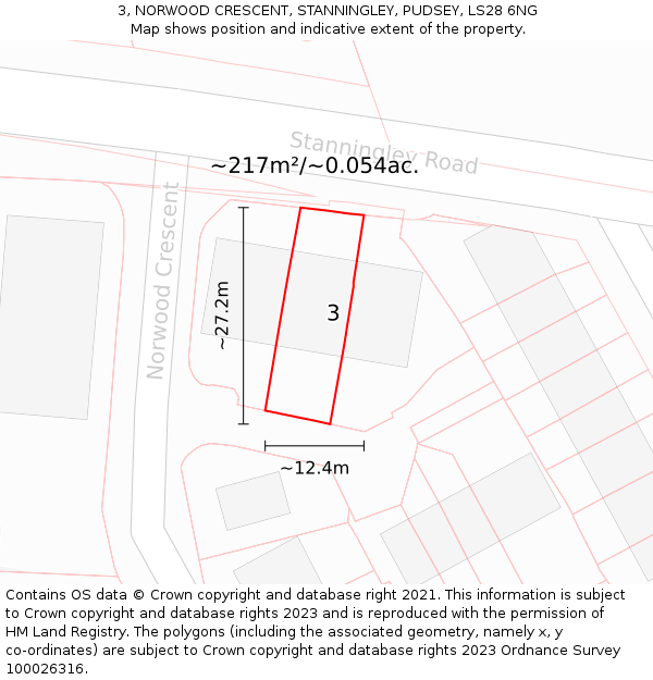 3, NORWOOD CRESCENT, STANNINGLEY, PUDSEY, LS28 6NG: Plot and title map