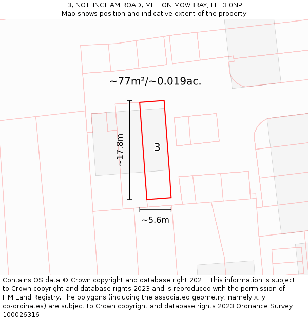 3, NOTTINGHAM ROAD, MELTON MOWBRAY, LE13 0NP: Plot and title map