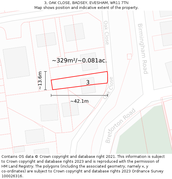 3, OAK CLOSE, BADSEY, EVESHAM, WR11 7TN: Plot and title map