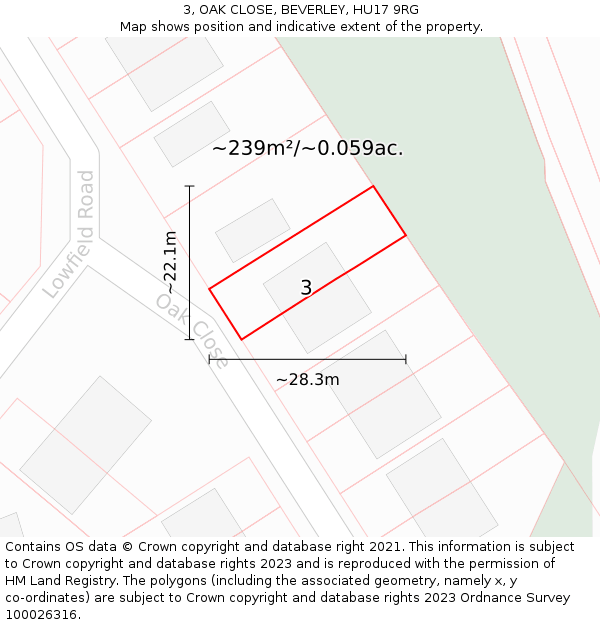 3, OAK CLOSE, BEVERLEY, HU17 9RG: Plot and title map