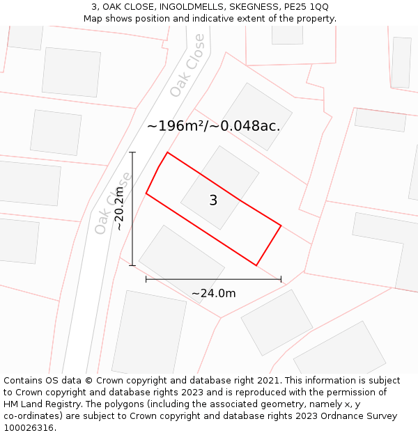 3, OAK CLOSE, INGOLDMELLS, SKEGNESS, PE25 1QQ: Plot and title map