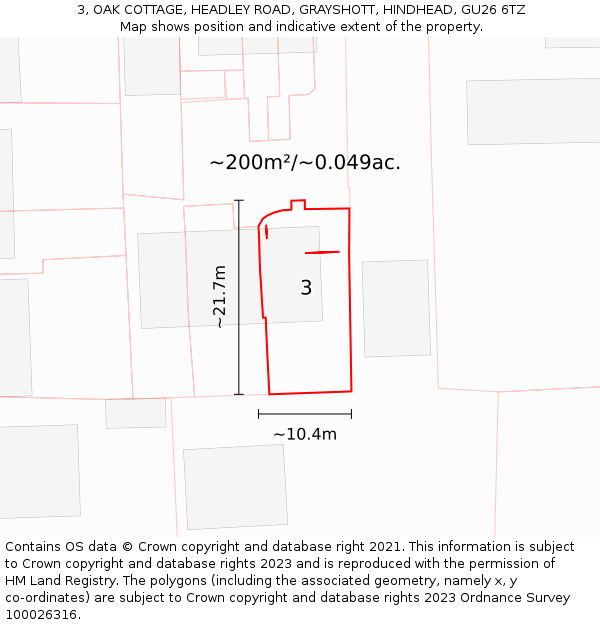 3, OAK COTTAGE, HEADLEY ROAD, GRAYSHOTT, HINDHEAD, GU26 6TZ: Plot and title map