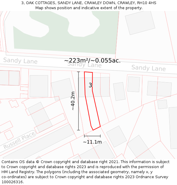 3, OAK COTTAGES, SANDY LANE, CRAWLEY DOWN, CRAWLEY, RH10 4HS: Plot and title map