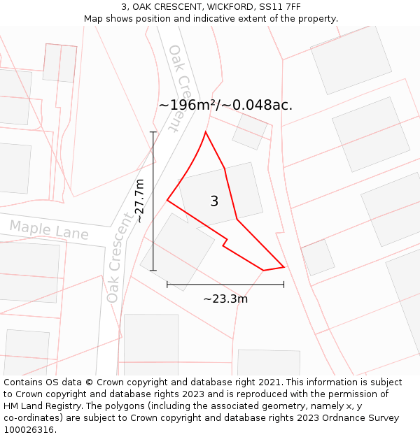 3, OAK CRESCENT, WICKFORD, SS11 7FF: Plot and title map