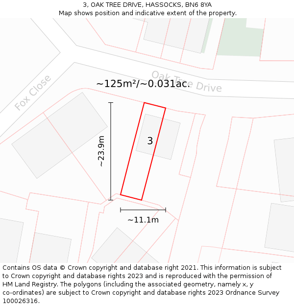 3, OAK TREE DRIVE, HASSOCKS, BN6 8YA: Plot and title map